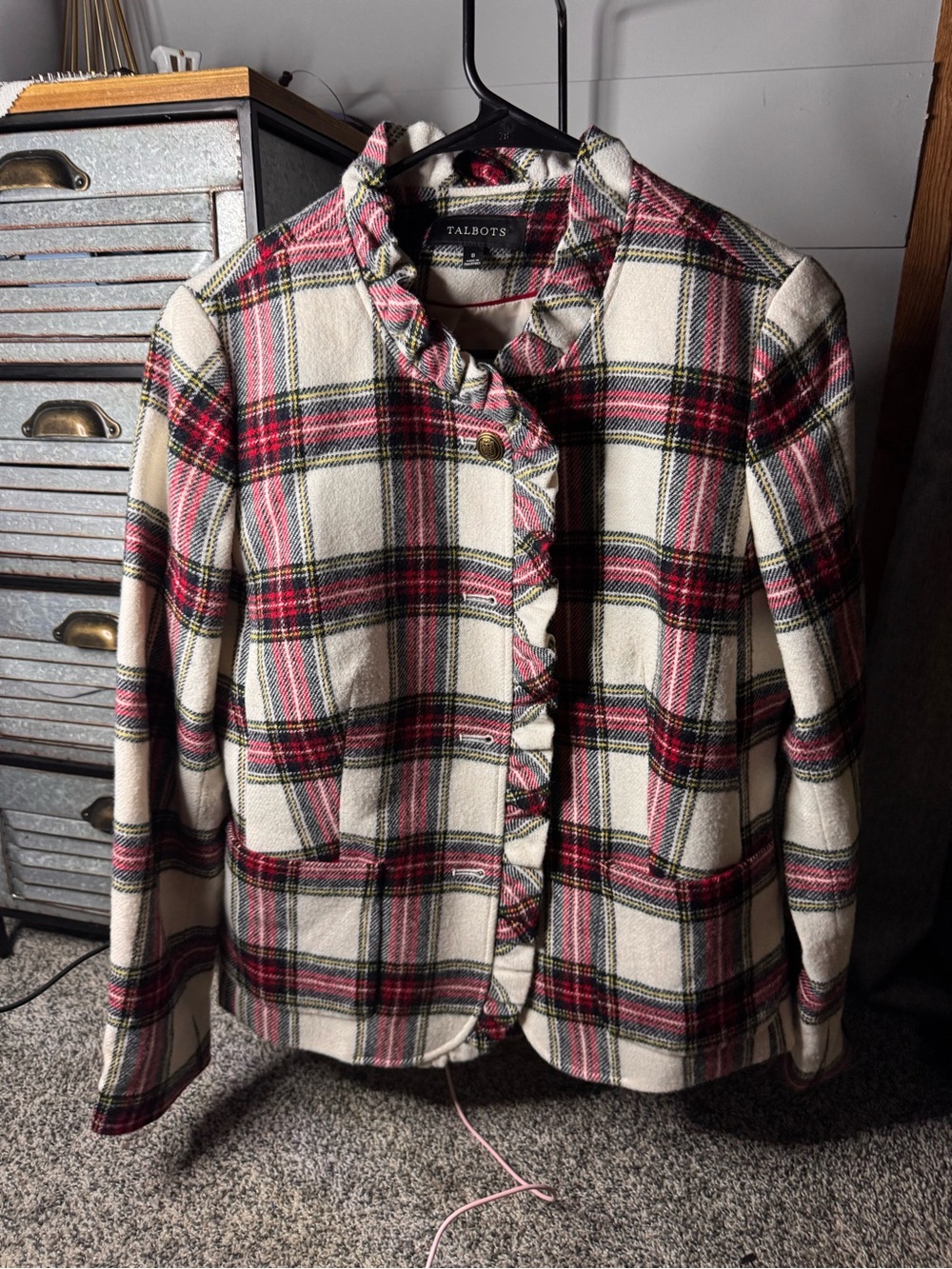 Talbots Cream Plaid Ruffle-Trim Blazer with Red and Black Accents